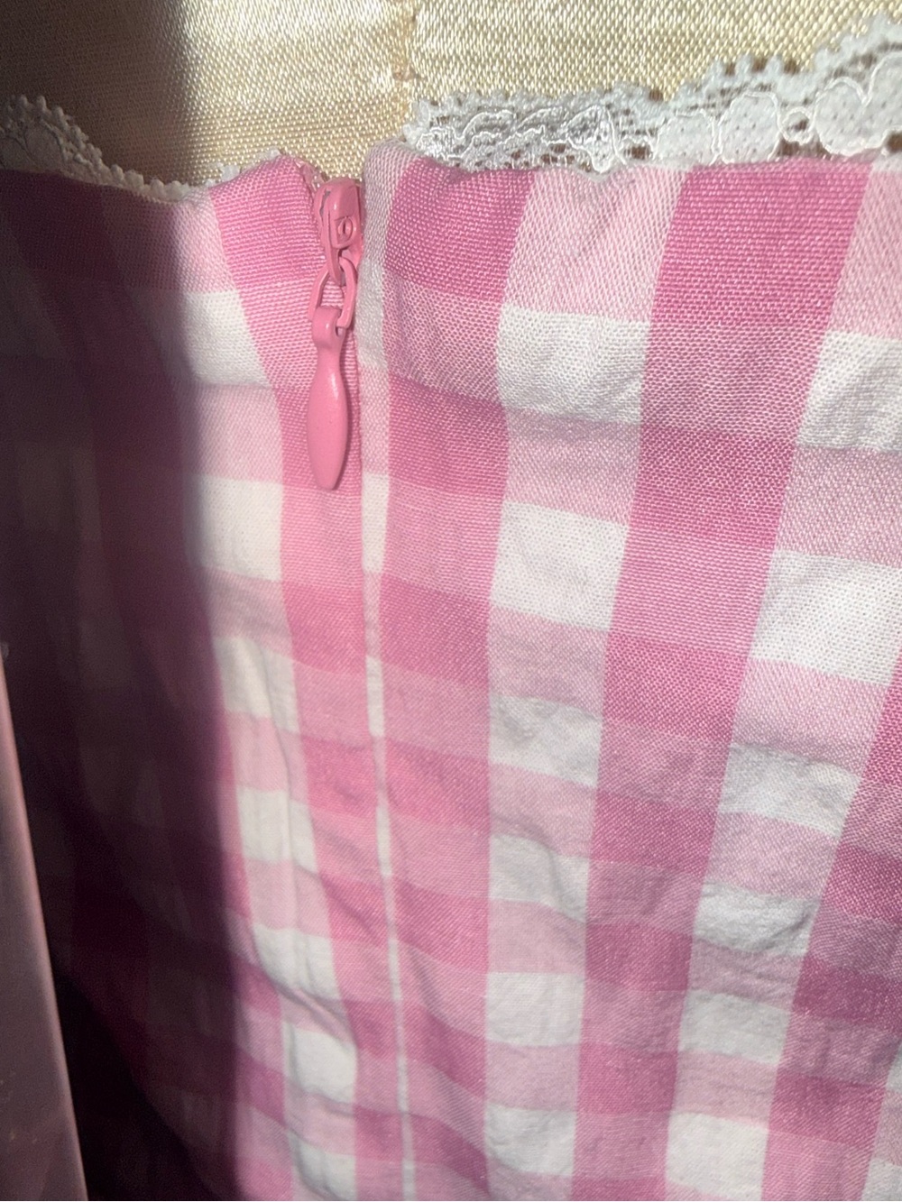 NWOT Unique Vintage Pink Gingham Lace Trim Mini Dress Size XL - Picture 10 of 16